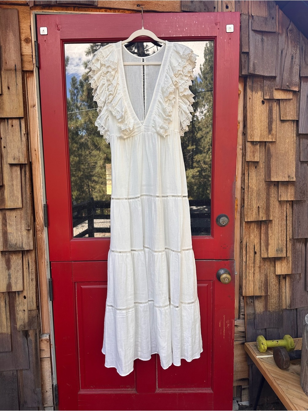 Jen's Pirate Booty White Ruffled V-Neck Tiered Maxi Dress NWT